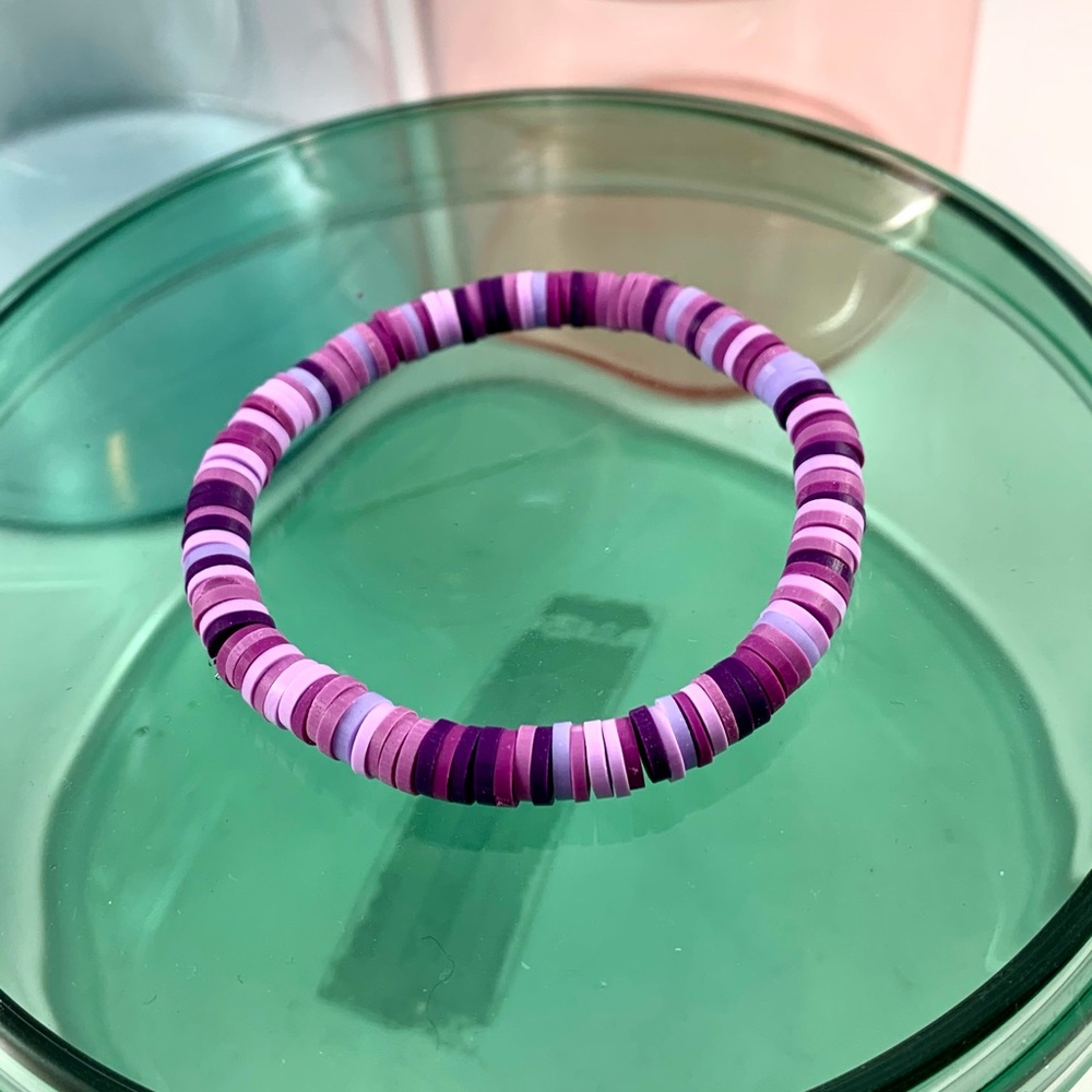 purple heishi clay bead stretch bracelet